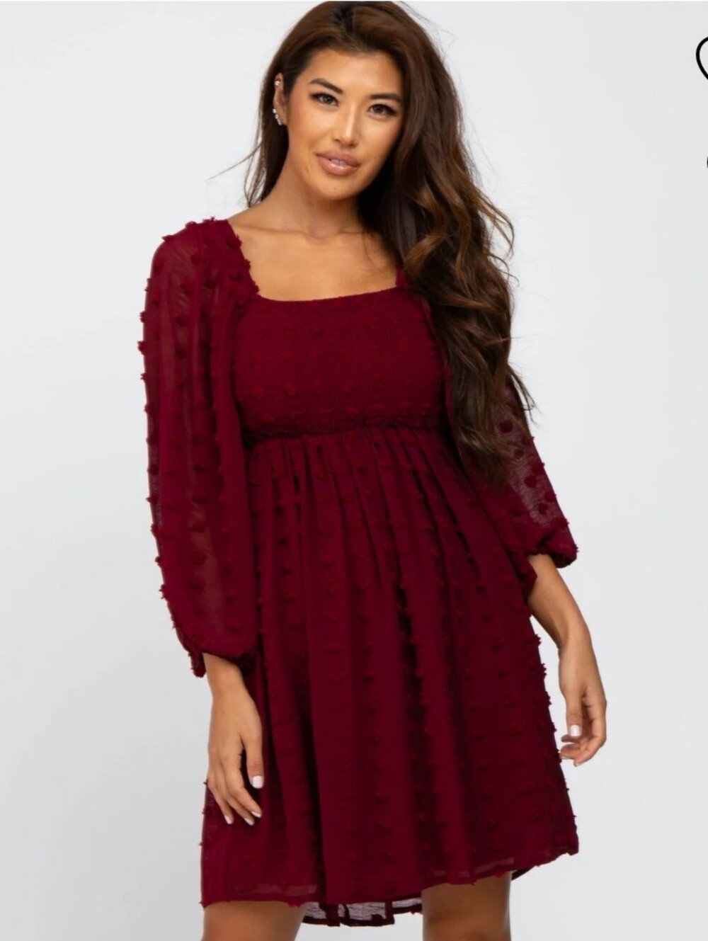 Pinkblush Burgundy Square-Neck Textured Dot Long Sleeve Dress
